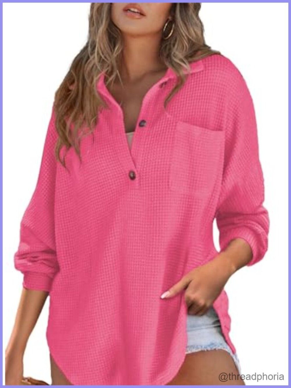 Waffle Knit Henley Top Oversized Tunics Long Sleeve Button Down Shirt
